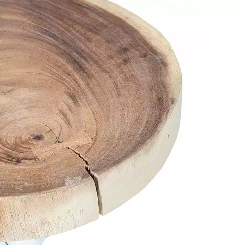 Mesa auxiliar redonda pequeña Liberte de 22" con base de palo: Tapa de teca, no requiere montaje