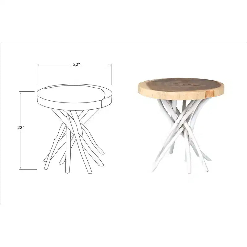 Mesa auxiliar redonda pequeña Liberte de 22" con base de palo: Tapa de teca, no requiere montaje