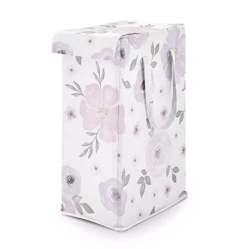 Sweet Jojo Designs Girl Foldable Laundry Hamper with Handles Watercolor Floral Lavender Purple Pink and Grey