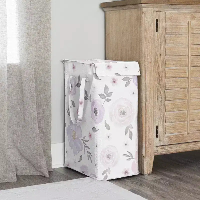 Cesto de ropa plegable para niña con asas, diseño floral de acuarela en lavanda, morado, rosa y gris