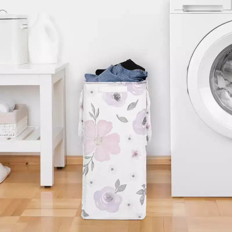 Cesto de ropa plegable para niña con asas, diseño floral de acuarela en lavanda, morado, rosa y gris