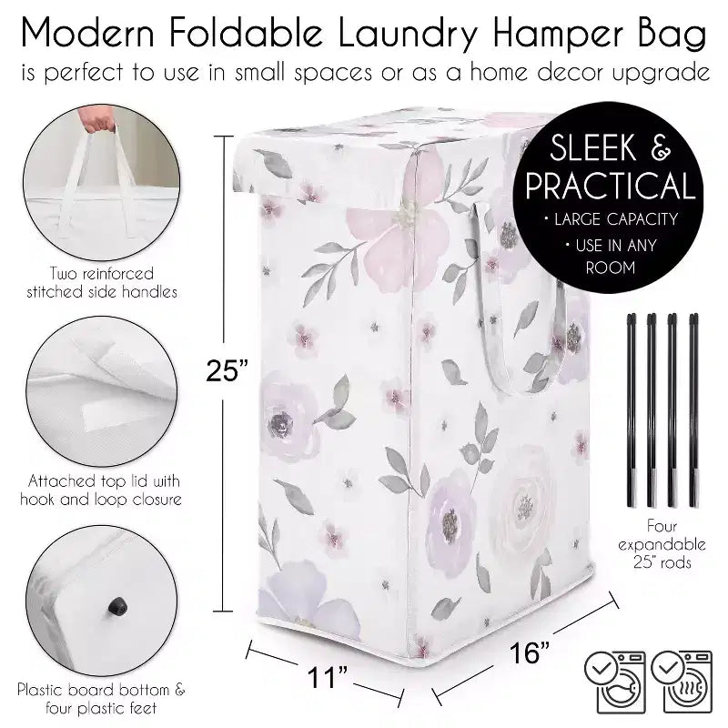 Cesto de ropa plegable para niña con asas, diseño floral de acuarela en lavanda, morado, rosa y gris